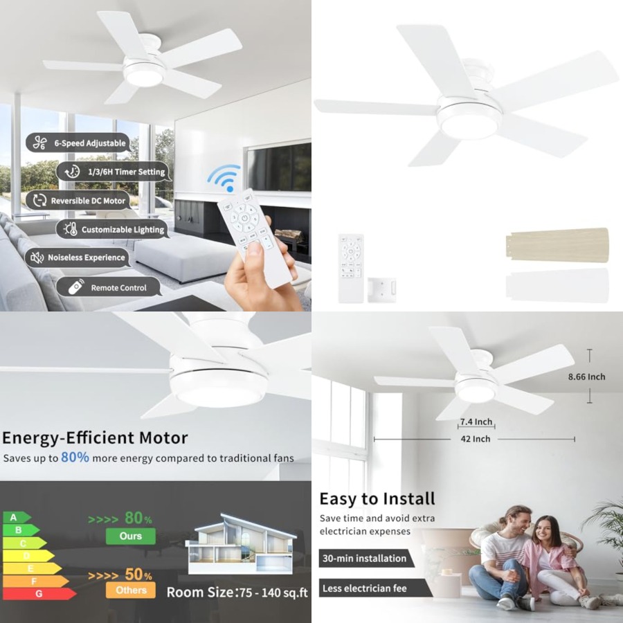 Ceiling Fan Low Profile Flush Mount - Ventilatori da soffitto con luci e